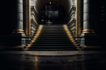 Marble arch with gold steps on dark background. Generative AI