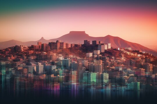 Gradient Cape Town skyline with transparent layers displaying landmarks. Generative AI