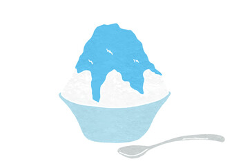 スプーン別の器に入ったブルーハワイ味かき氷のイラスト（版画風）