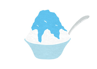 スプーン入りの器に入ったブルーハワイ味かき氷のイラスト（版画風）