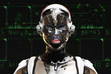 Artistic 3D illustration of a cyborg with artificial intelligence - 595504533