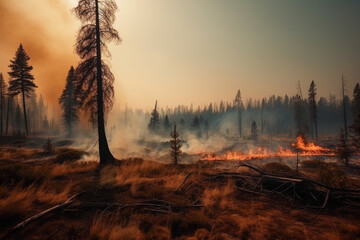 wildfire forest much smoke and fire, dramatic, climate disaster generative AI