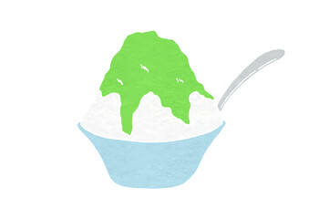 スプーン入りの器に入ったメロン味かき氷のイラスト（版画風）