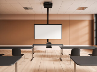 Beige school classroom interior with projection screen