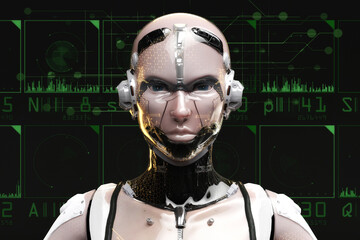 Artistic 3D illustration of a cyborg with artificial intelligence - 595504592