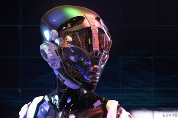 Artistic 3D illustration of a cyborg with artificial intelligence - 595504704