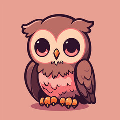 A cartoon owl with pink eyes sits on a pink background.