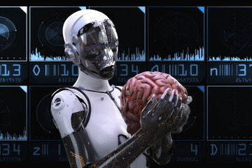 Artistic 3D illustration of a cyborg with artificial intelligence - 595504747