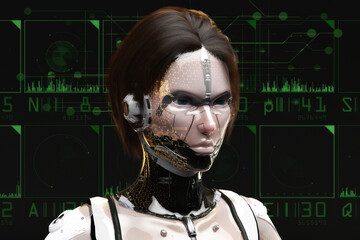 Artistic 3D illustration of a cyborg with artificial intelligence - 595504795