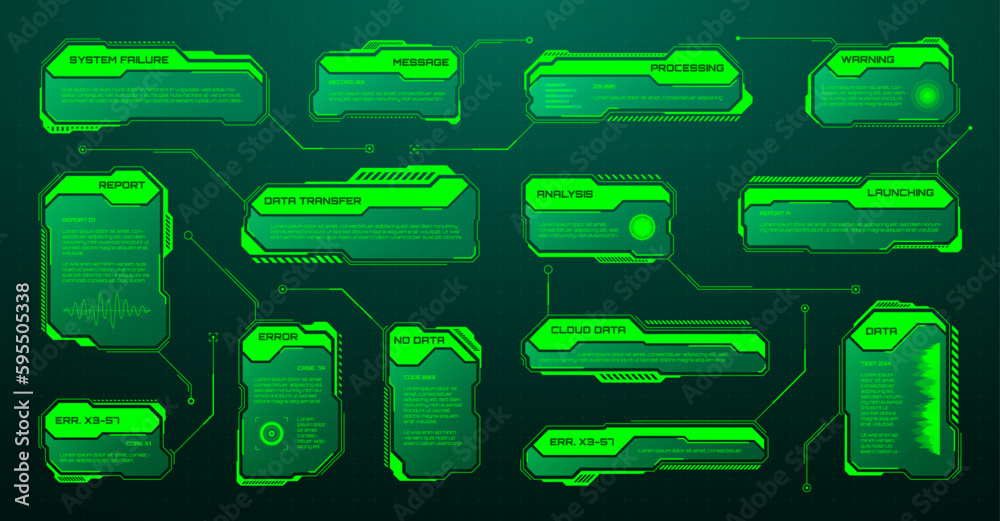 Poster green futuristic hud, ui elements. sci-fi user interface text boxes, callouts. warning message frame