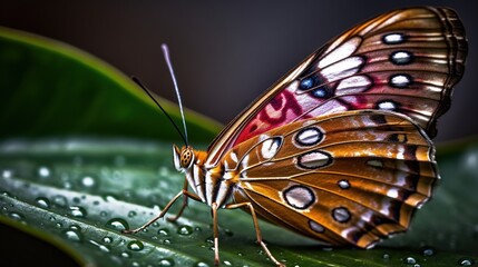 Naklejka na ściany i meble a close up of a butterfly on a leaf with water droplets. generative ai