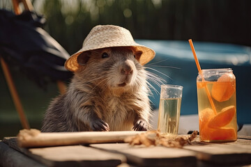 Beaver wearing straw hat sitting at the table with drinks on summer day. Generative AI - obrazy, fototapety, plakaty