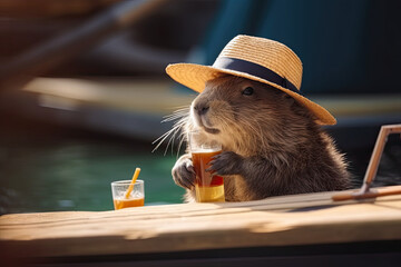 Beaver in a straw hat drinking a beverage on summer day. Generative AI