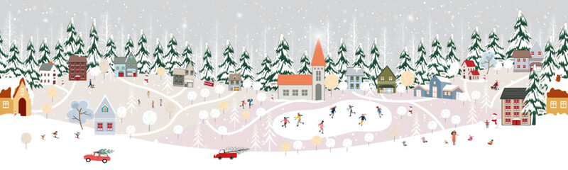 Seamless pattern Winter landscape,Celebrating Christmas and new Year 2024  in village at night with happy people playing ice skate in the park,Vector horizontal banner winter wonderland in countryside