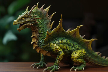 Figurine of a full length green wooden dragon with raised wings. Symbol of 2024. Chinese New Year Symbol. Dragon statuette. High resolution. Generative AI, human enhanced