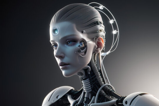 wallpaper background with robot woman, image created using AI generative technology