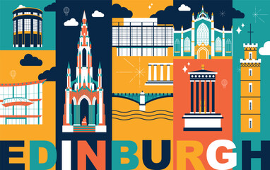 Typography word Edinburgh branding technology concept. Collection of flat vector web icons. Scotland culture travel set, architectures, specialties detailed silhouette. Doodle European famous landmark