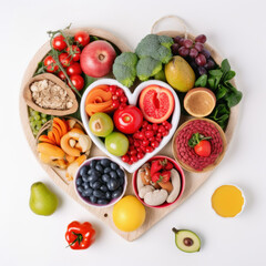 A vibrant heart-shaped platter filled with colorful and nutritious fruits and vegetables, perfect for a healthy and delicious snack or meal. AI Generative.