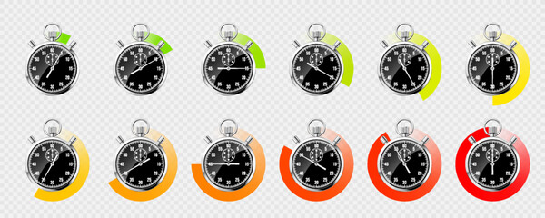 Realistic classic stopwatch. Shiny metal chronometer, black time counter with dial. Colorful countdown timer showing minutes, seconds. Time measurement for sport, start or finish. Vector illustration