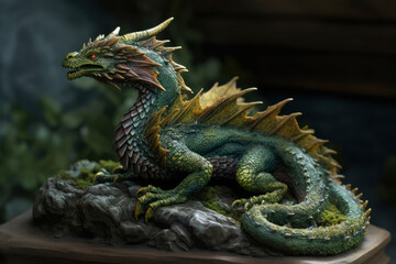 Obraz premium Figurine of a full length green wooden dragon. Symbol of 2024. Chinese New Year Symbol. Dragon statuette. High resolution. Generative AI, human enhanced