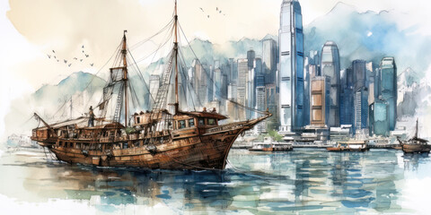  Hong Kong, Hong Kong Victoria Harbor, watercolour collage, generated by ai
