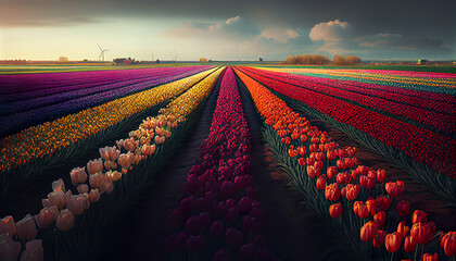 Fototapeta premium Colorful Tulip Field At The Base With Blue Cloudy Sky In Background - Generative AI