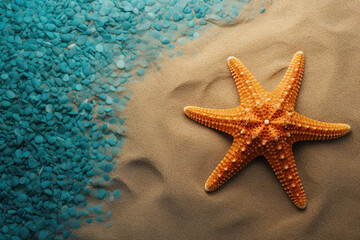 Fototapeta na wymiar Starfish and turquoise stones on the beach. Top view. Generative AI