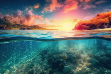 Fototapeta na wymiar Sea, beach and tropical islands. Sea split level view. Under water and above water. Generative AI
