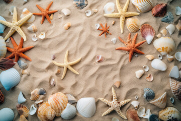 Beautiful starfish and sea shells on the beach. Top view. Generative AI