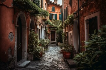 Fototapeta na wymiar Italian village alleys. Urban Malcesine. Garda Lake Veneto. Generative AI