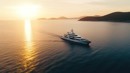 AI Generated. AI Generative. Photo Photography shot aerial from drone. Luxury big boat yacht. Cruise adventure vacation vibe. Can be used for promoting design agency. Graphic Art Illustration.
