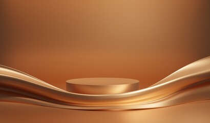Gold empty podium or pedestal for product presentation. Round mockup platform on gold background. 3D render