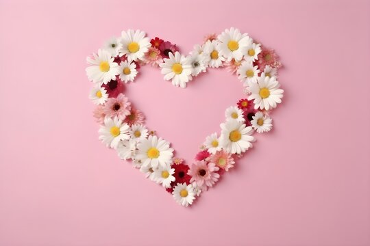 Floral heart of white daisy flowers, chamomiles bouquet. Beautiful blossom, pink paper background, copy space. Love concept, design elements for postcard, invitation. Image is AI generated.