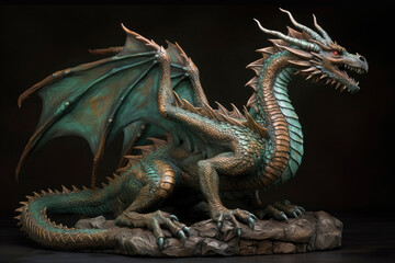 Obraz premium Figurine of a full length green wooden dragon with raised wings. Symbol of 2024. Chinese New Year Symbol. Dragon statuette. High resolution. Generative AI, human enhanced