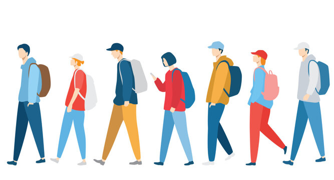  Set of young men and women, different colors, cartoon character, group of silhouettes of walking business people, students with backpack, the design concept of flat icon, isolated on white background