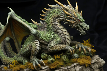 Figurine of a full length green wooden dragon with raised wings. Symbol of 2024. Chinese New Year Symbol. Dragon statuette. High resolution. Generative AI, human enhanced