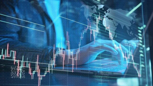 Global business finance data analytics stock trading graph chart report man using laptop computer hand typing investment data digital marketing, financial management technology, cyber space metaverse.