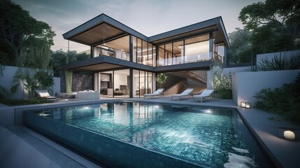 AI Generated. AI Generative. Photo render of luxury villa with pool. Millionaires life vacation vibe Graphic Art Illustration.