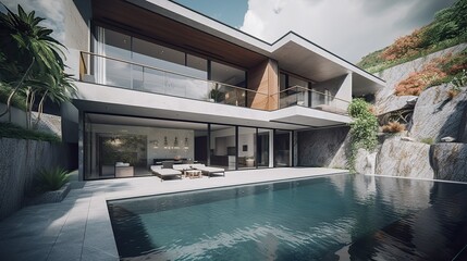 Fototapeta premium AI Generated. AI Generative. Photo render of luxury villa with pool. Millionaires life vacation vibe Graphic Art Illustration.