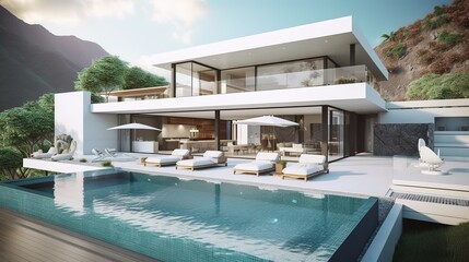 Fototapeta na wymiar AI Generated. AI Generative. Photo render of luxury villa with pool. Millionaires life vacation vibe Graphic Art Illustration.