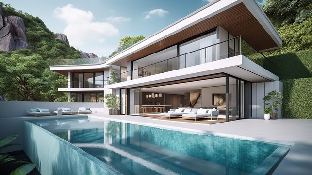 AI Generated. AI Generative. Photo render of luxury villa with pool. Millionaires life vacation vibe Graphic Art Illustration.