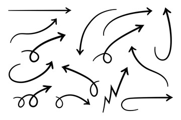 Curved arrows. Set of vector hand drawn arrows. Collection of pointers.