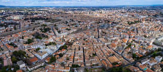 Aerial view around the old town of the city Montpellier in France on a sunny day in spring.	