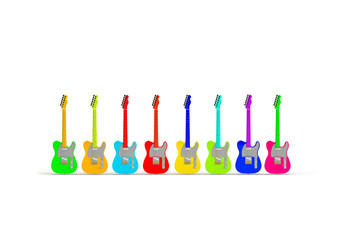 Colorful, bright electric guitars. 3d render on the theme of music, musical instruments, disco, audio. Modern minimal style, transparent background.