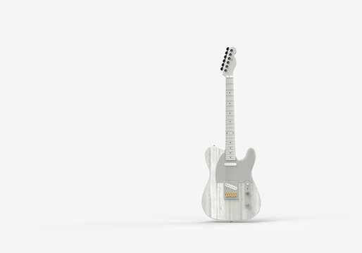 White, wooden electric guitar close-up. 3d render on the theme of music, musical instruments, disco, audio. Modern minimal style, grey background.
