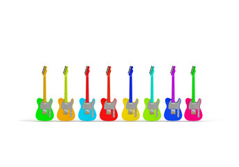 Colorful, bright electric guitars. 3d render on the theme of music, musical instruments, disco, audio. Modern minimal style, transparent background.