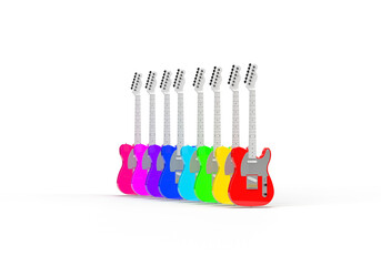 Colorful, bright electric guitars. 3d render on the theme of music, musical instruments, disco, audio. Modern minimal style, transparent background.