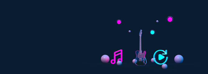 Electric guitar with glowing balls, notes. 3d render on the theme of music, songs, musical instruments, discos. Minimal style, dark background.