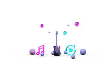 Electric guitar with glowing balls, notes. 3d render on the theme of music, songs, musical instruments, discos. Minimal style, transparent, illustration for a dark background.