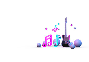 Electric guitar with glowing balls, notes. 3d render on the theme of music, songs, musical instruments, discos. Minimal style, transparent, illustration for a dark background.